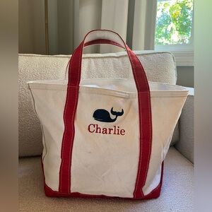 Monogrammed “Charlie” White Tote Bag with Red Handles
